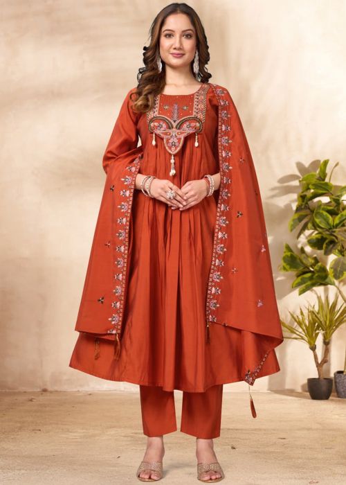 Rust Orange Anarkali Suit With Embroidery
