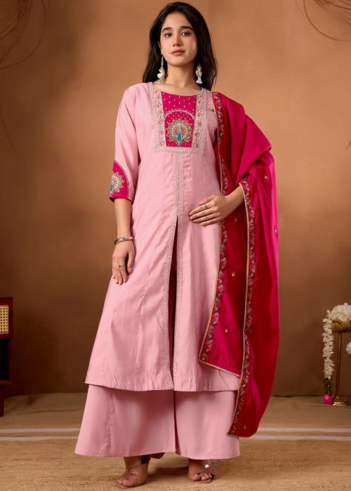 Pink Art Silk Palazzo Suit With Peacock Embroidery