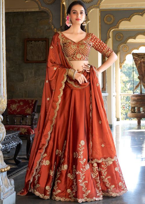 Rust Orange Art Silk Lehenga Choli With Heritage Borders