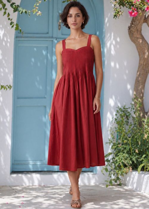Red Cotton Pintuck Midi Dress
