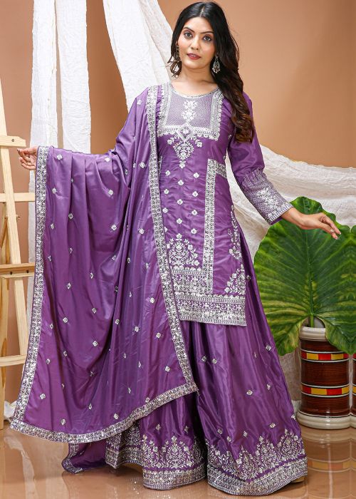 Lavender Crape Palazzo Suit With Thread Work