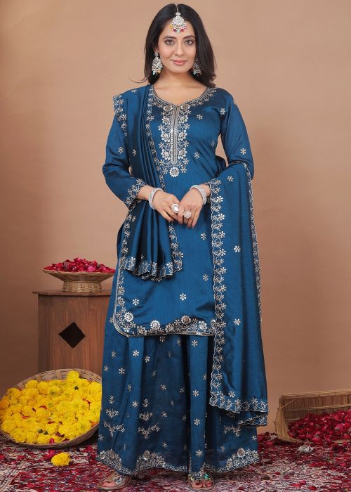 Teal Blue Art Silk Embroidered Palazzo Suit