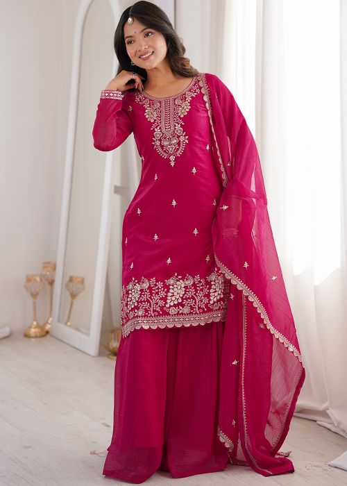 Rani Pink Silk Palazzo Suit With Sequins
