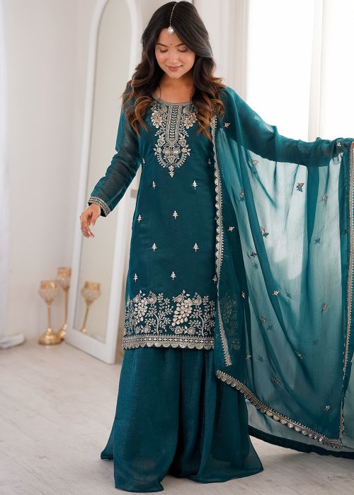 Teal Blue Silk Palazzo Suit With Zari Work
