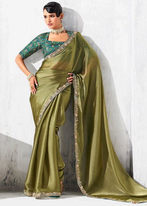 Olive Green Tissue Saree with Embroidered Blouse