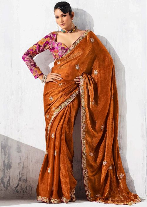 Rust Orange Tissue Saree with Contrast Blouse
