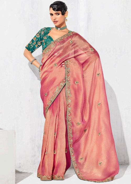 Peach Tissue Saree with Embroidered Blouse