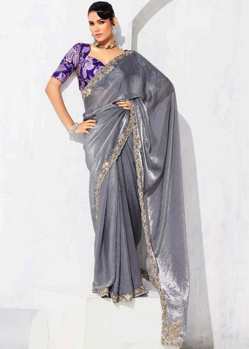 Grey Tissue Saree with Purple Printed Blouse