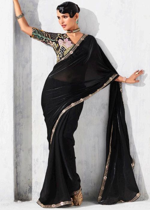 Black Tissue Saree with Printed Designer Blouse