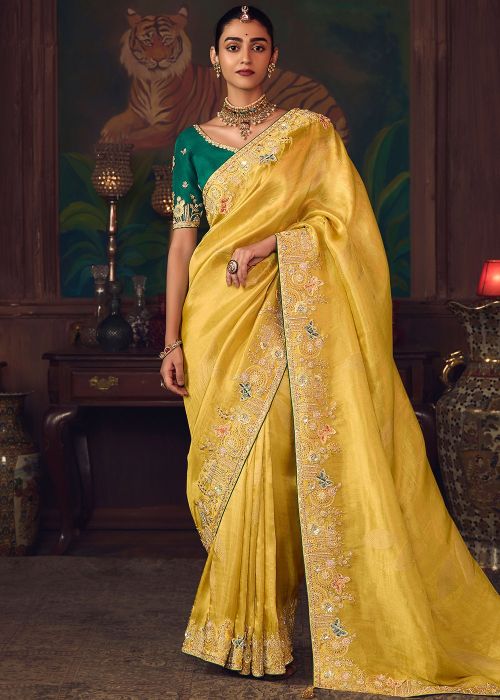 Yellow Silk Saree With Teal Green Embroidered Blouse