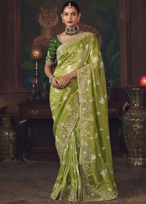 Green Silk Saree With Dark Green Zari Blouse