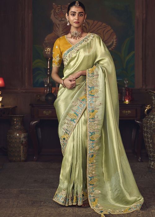 Light Green Silk Saree With Mustard Yellow Blouse