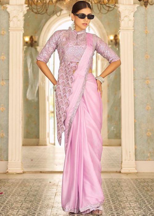 Pink Pre-Stitched Embroidered Saree In Chiffon