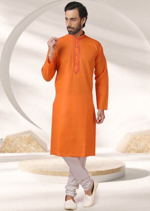 Orange Embroidered Kurta Pajama In Cotton