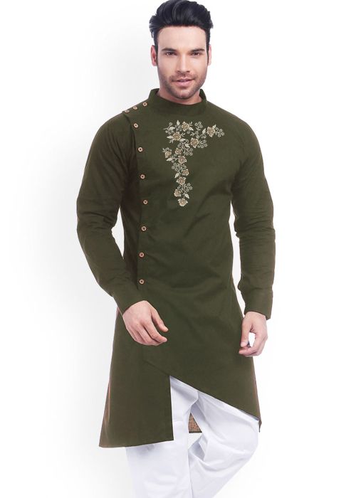 Green Embroidered Mens Kurta