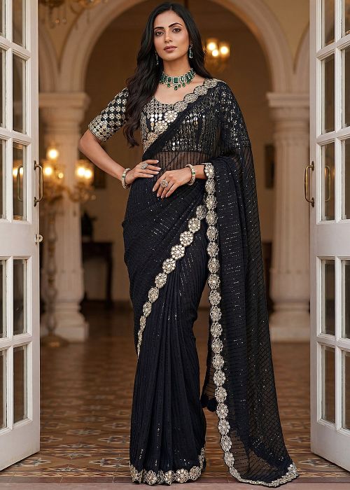 Black Georgette Saree With Thread Work