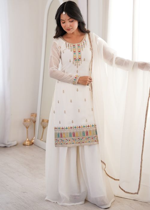 Off White Silk Palazzo Suit With Thread Work