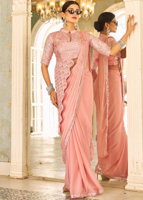Peach Embroidered Pre-Stitched Saree