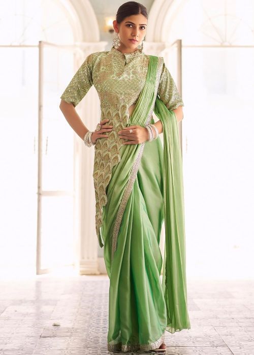 Green Embroidered Pre-Stitched Saree In Chiffon