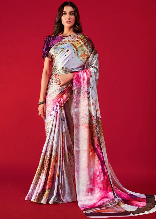 Multicolor Digital Printed Saree In Satin