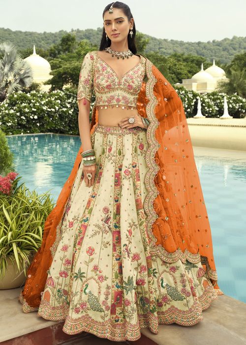 Cream Floral Silk Lehenga Choli With Orange Net Dupatta