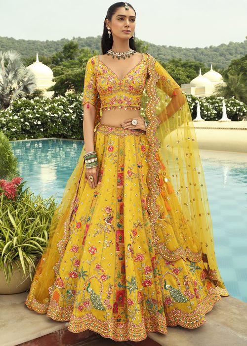 Yellow Floral Silk Lehenga Choli With Matching Net Dupatta