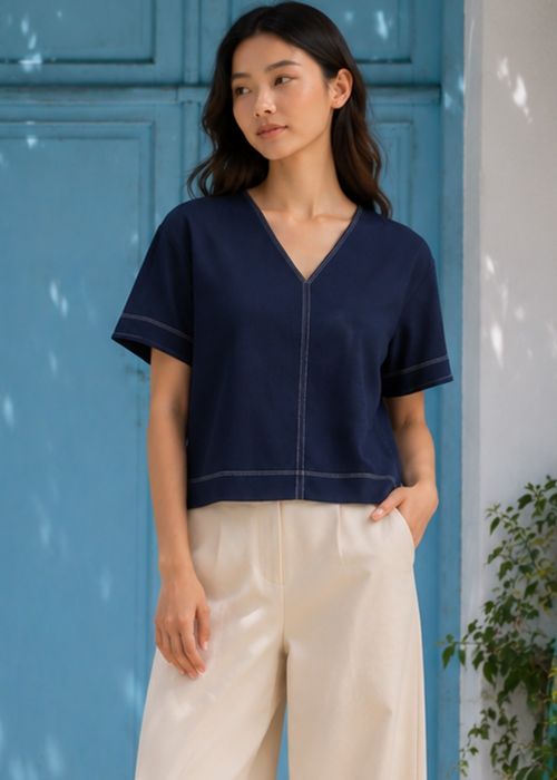Navy Blue Cotton Poplin V-Neck Top