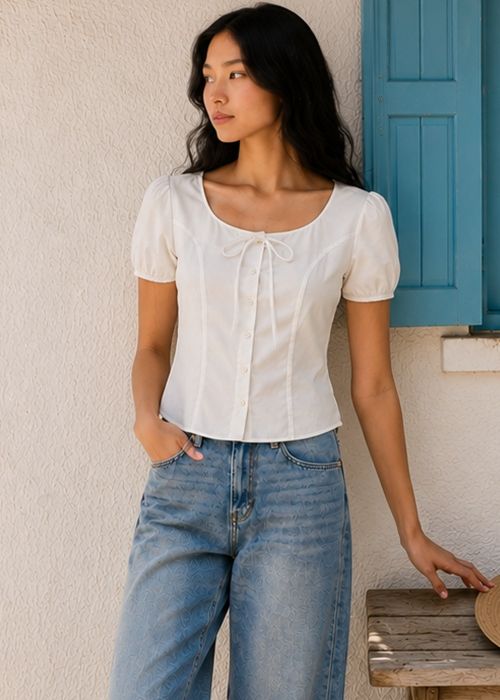 White Cotton Poplin Puff Sleeve Top