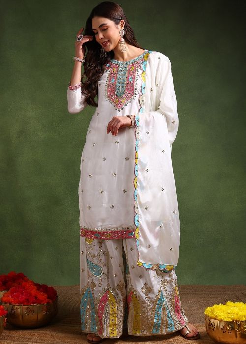 White Embroidered Salwar Suit Set In Chiffon