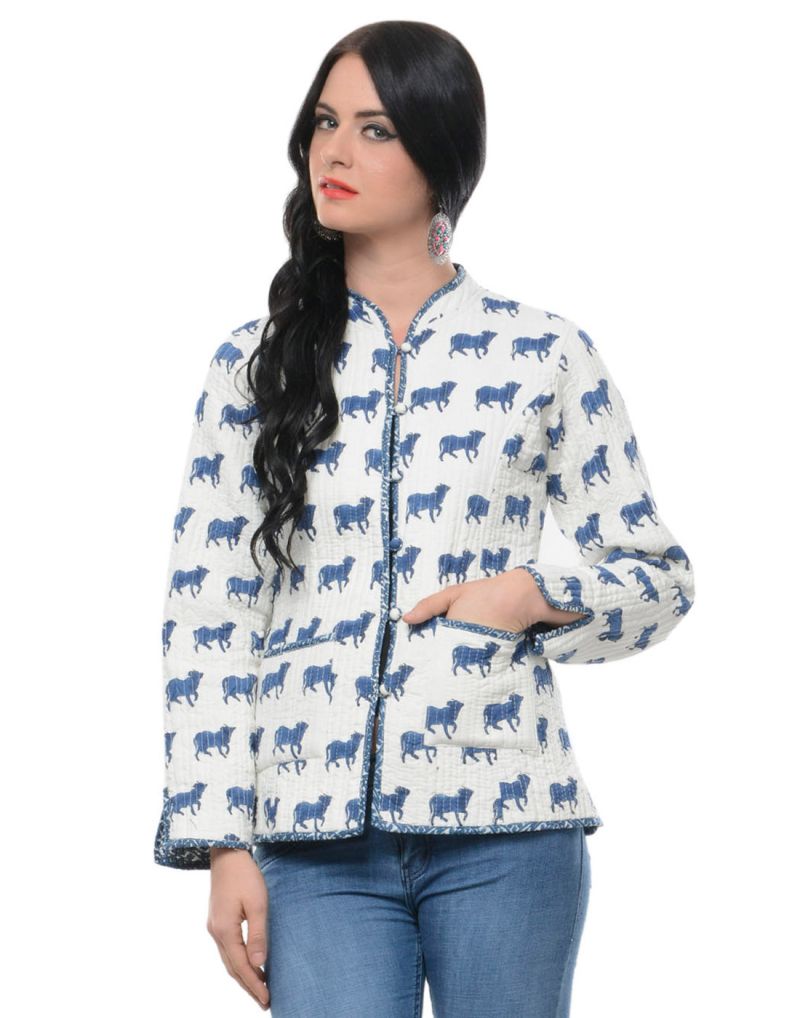 Reversible Off White Cotton Block Print Jacket Indo Western 101JK05