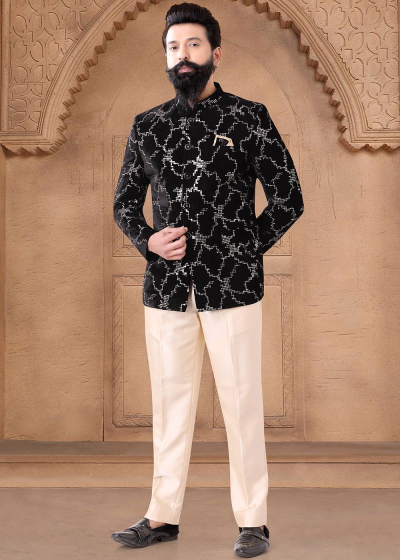Black Readymade Embroidered Bandhgala Jodhpuri Suit In Velvet 1189MW19
