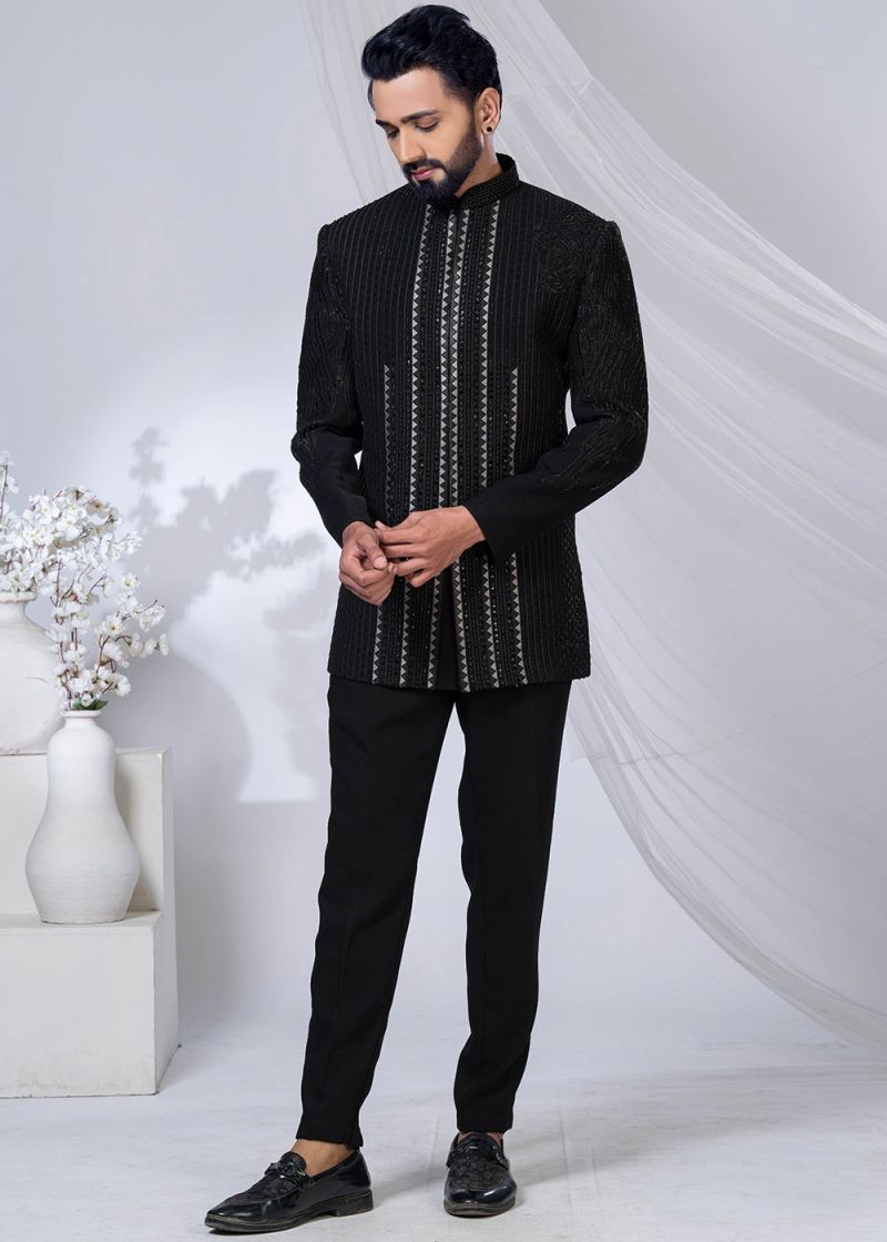 Black Men Embroidered Bandhgala Jodhpuri Suit 1423MW03