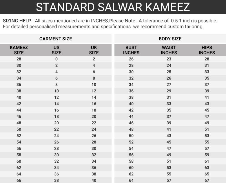 Indian Salwar Size Chart